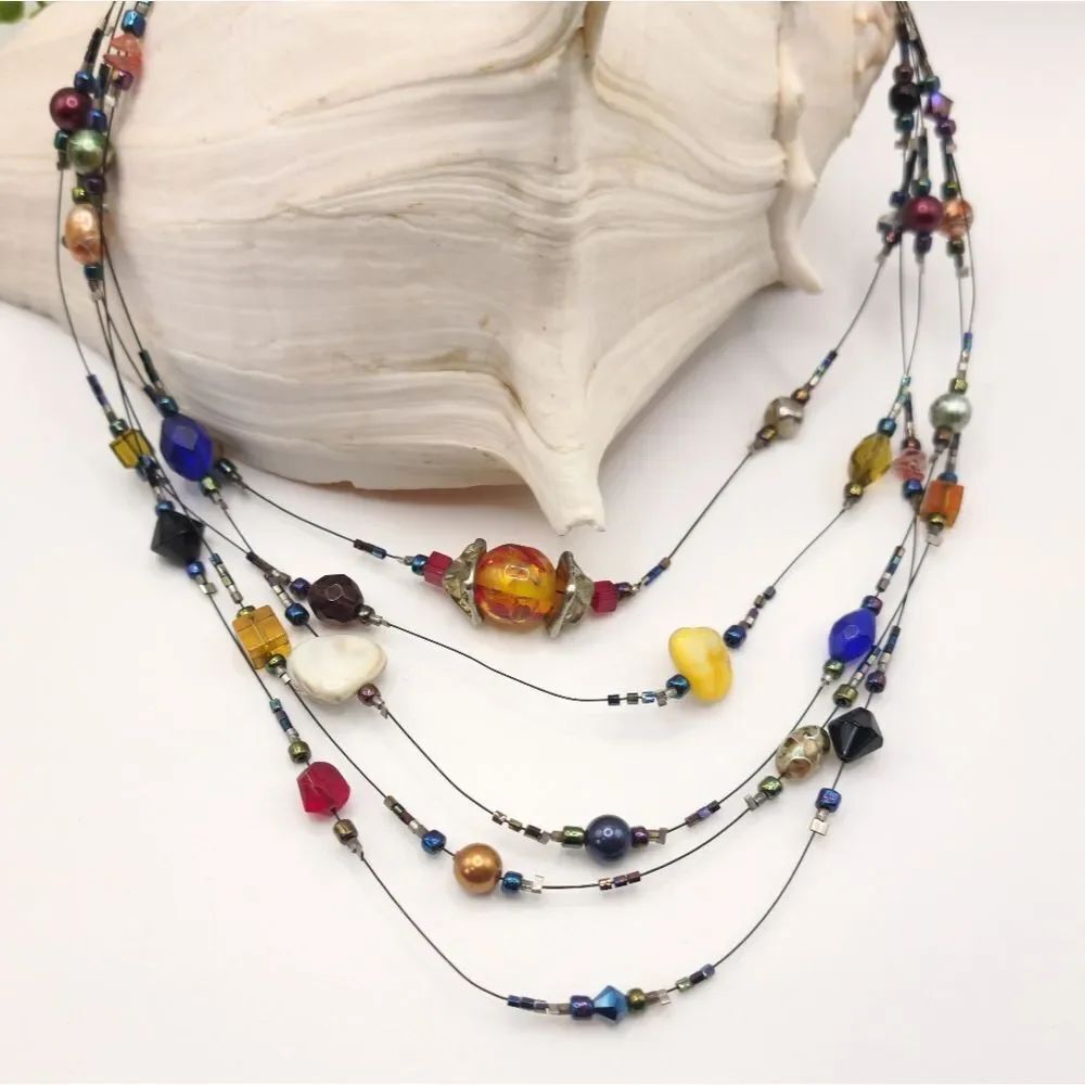 Multistrand Layered Statement Neclace Art Glass & Beads 18"